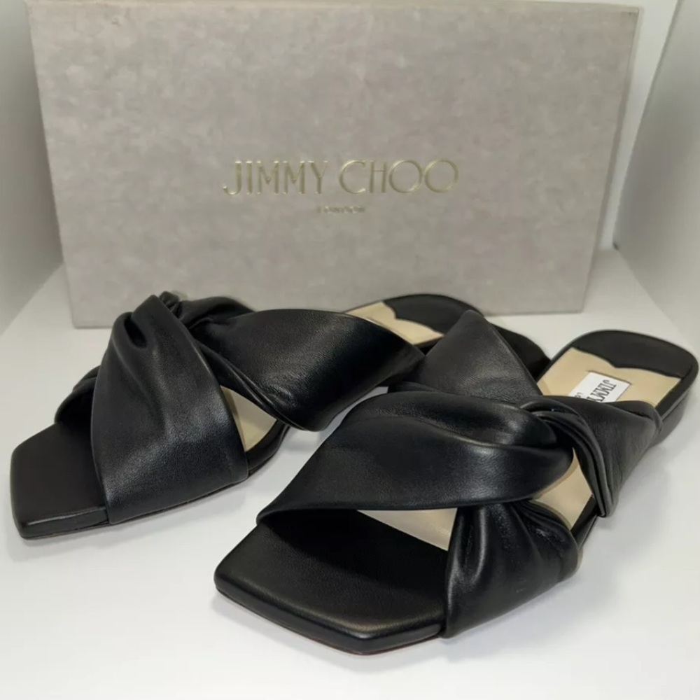 Jimmy Choo Narisa Sandals Slides-Black Buttery Leather, Size-38